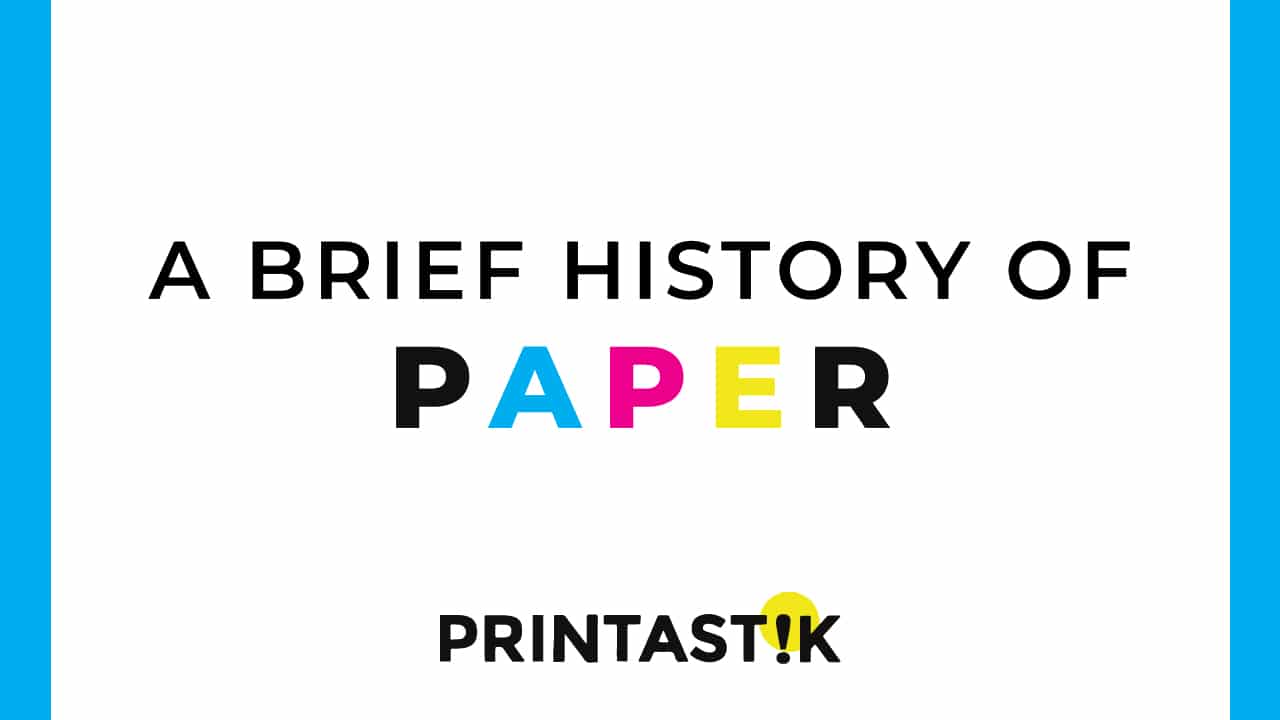 An online banner with a white background with black and white text of "A Brief History of" and rainbow text of "paper" with Printastik logo