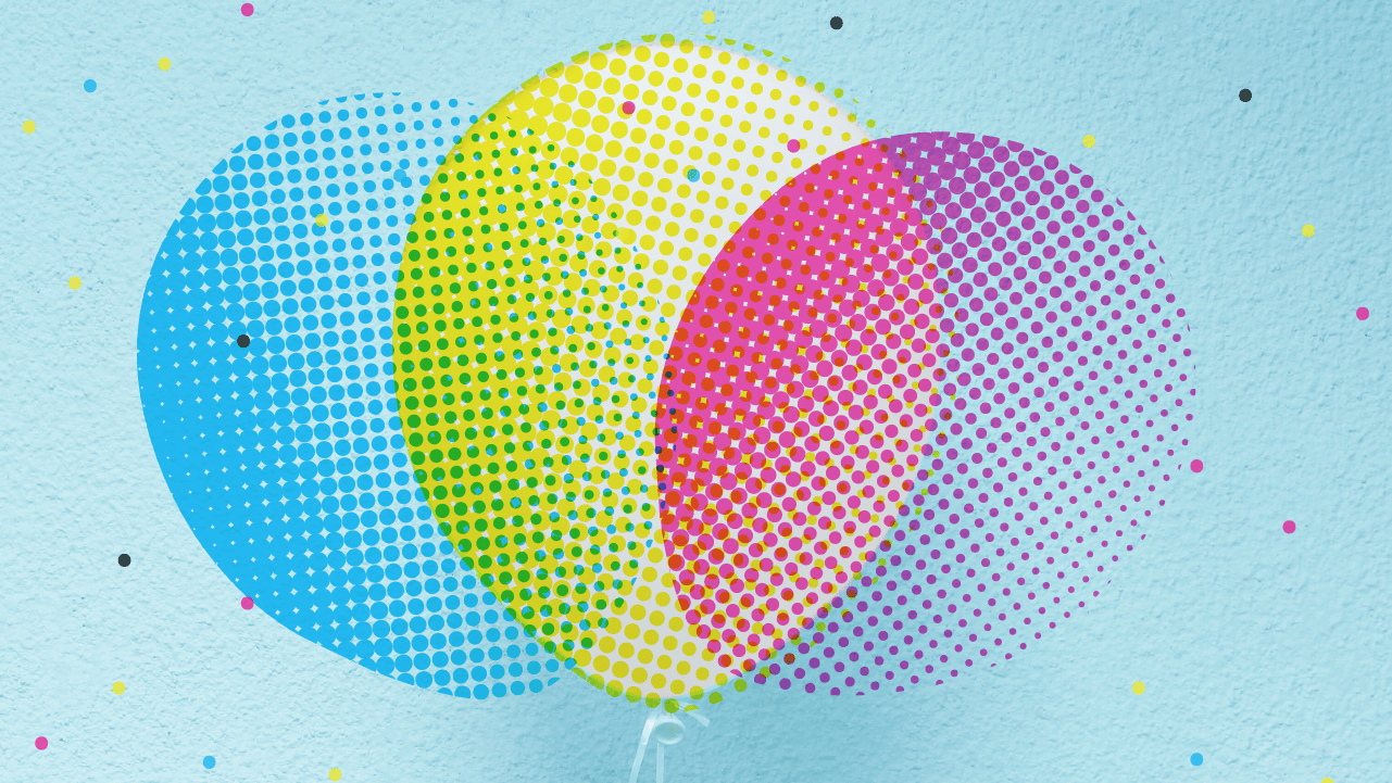 Graphic of three overlapping balloons in the colors of blue, yellow and red.