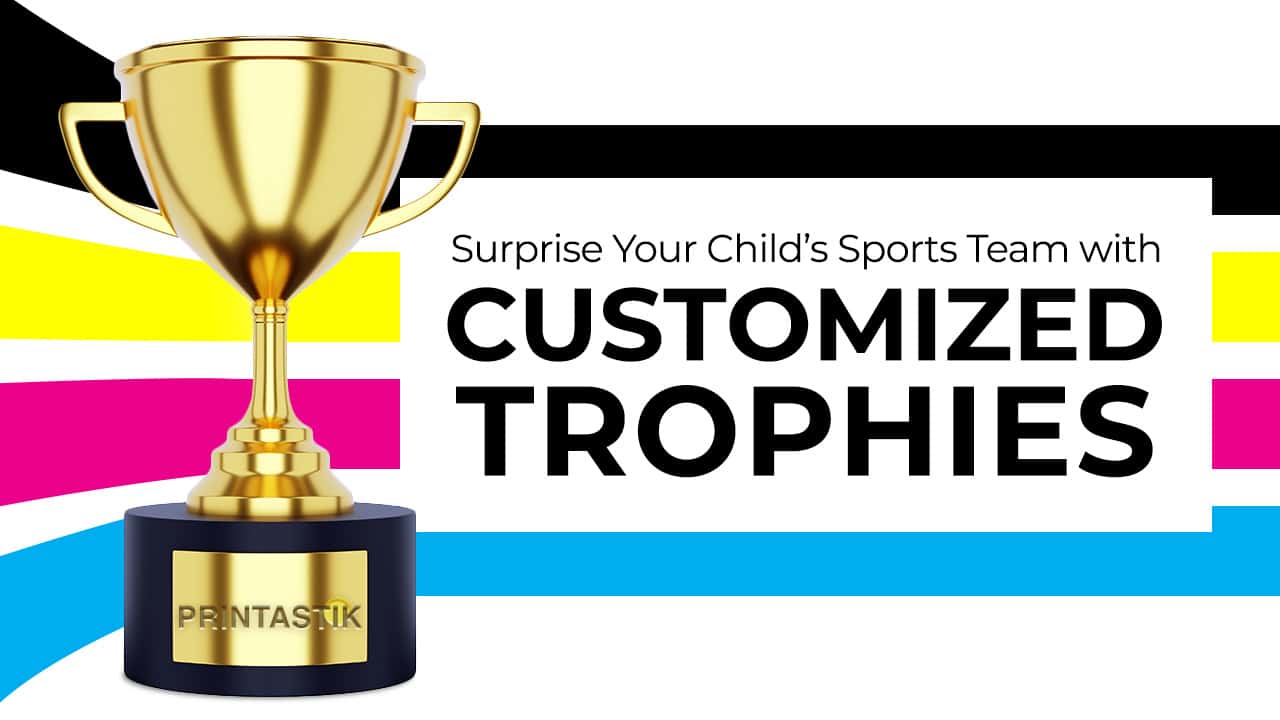 Graphic design featuring a gold trophy and text reading "Surprise Your Child's Sports Team with Customized Trophies"