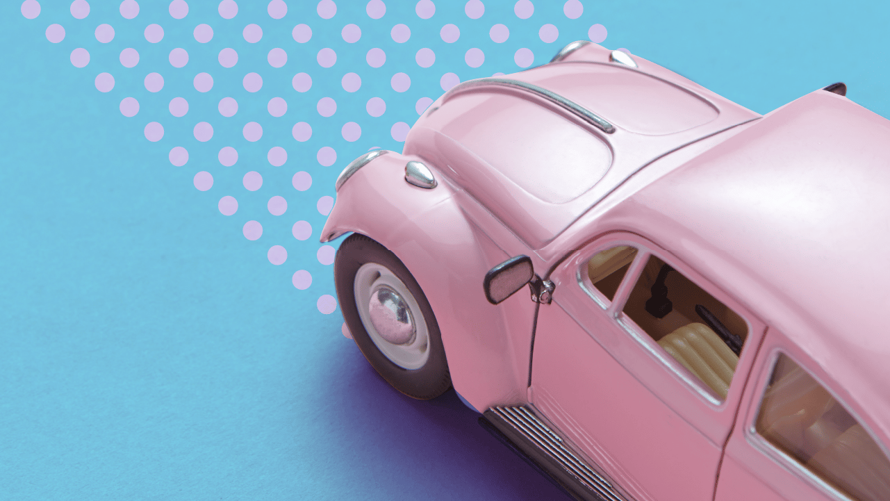 Fun graphic of a pink toy car against a blue background