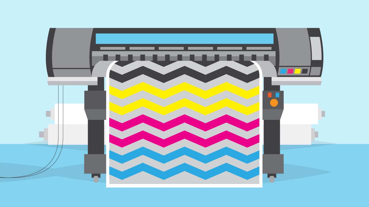 A graphic of a large format printer with Printastik-colored designs printing off the press.
